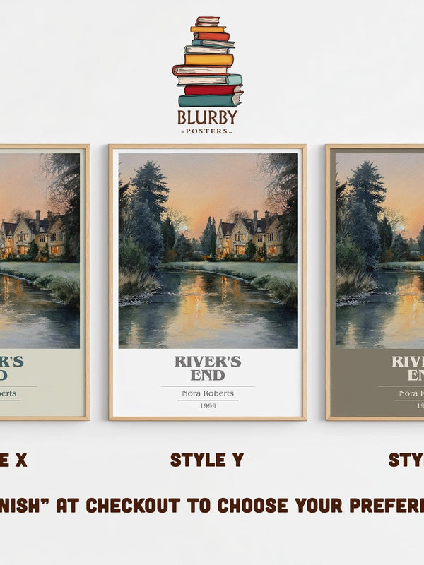 River's End book cover print in frame leaning in hallway – thriller wall art