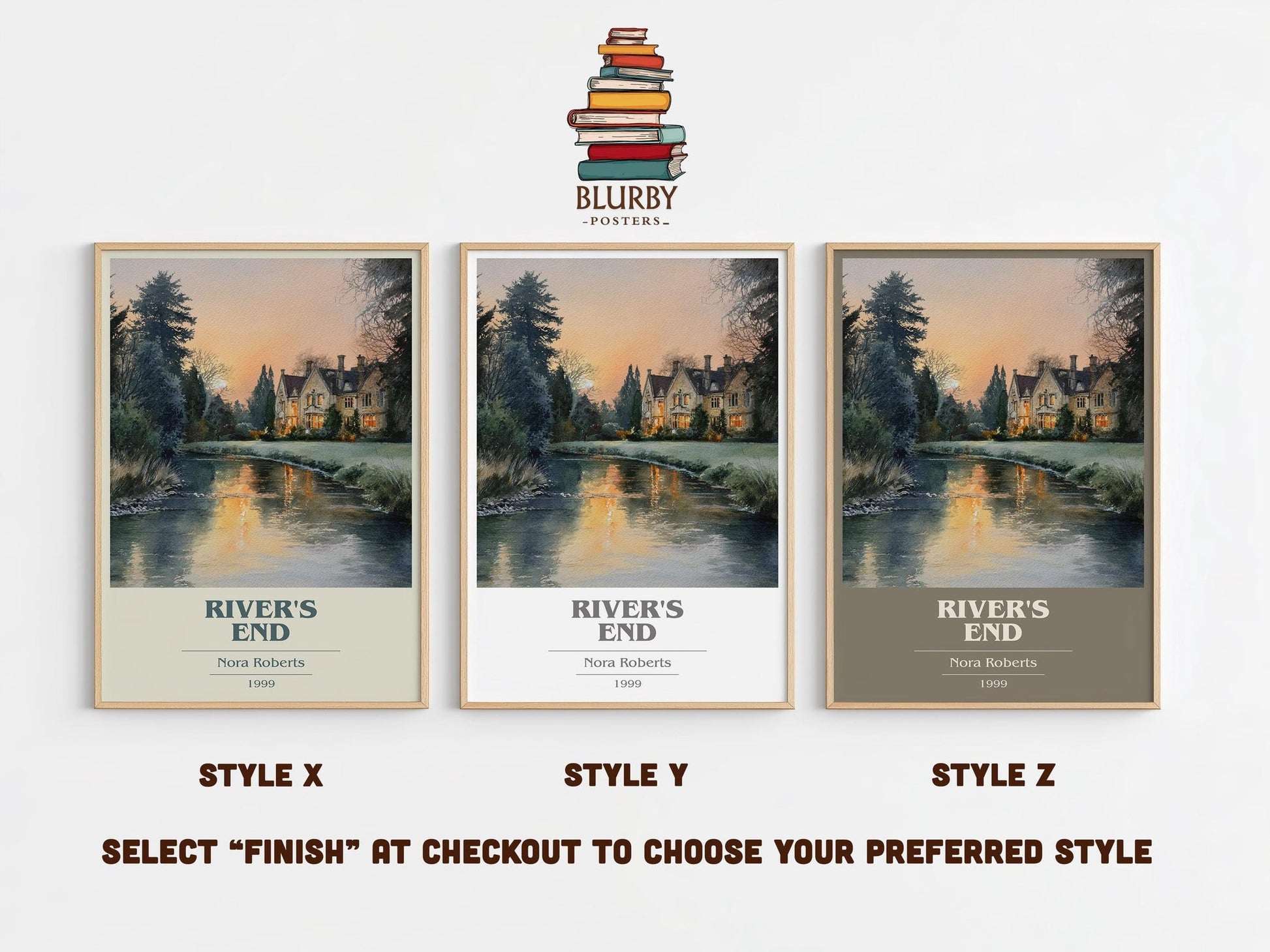 River's End book cover print in frame leaning in hallway – thriller wall art