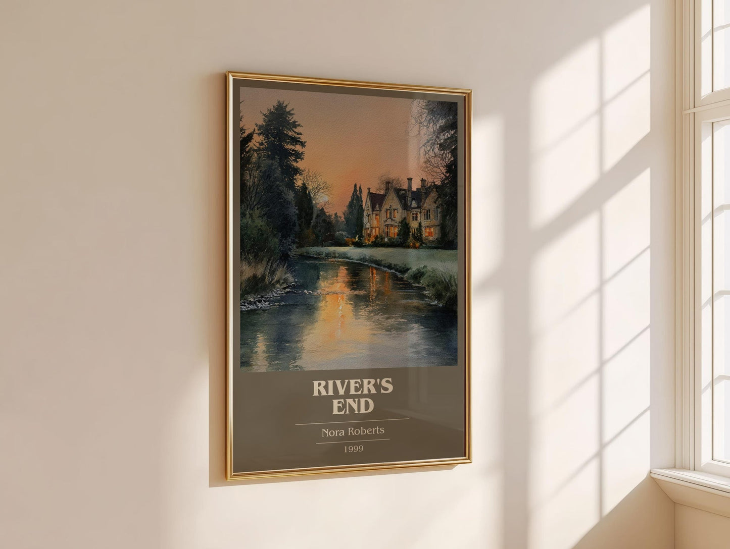 River's End book cover print framed by window – literary home decor