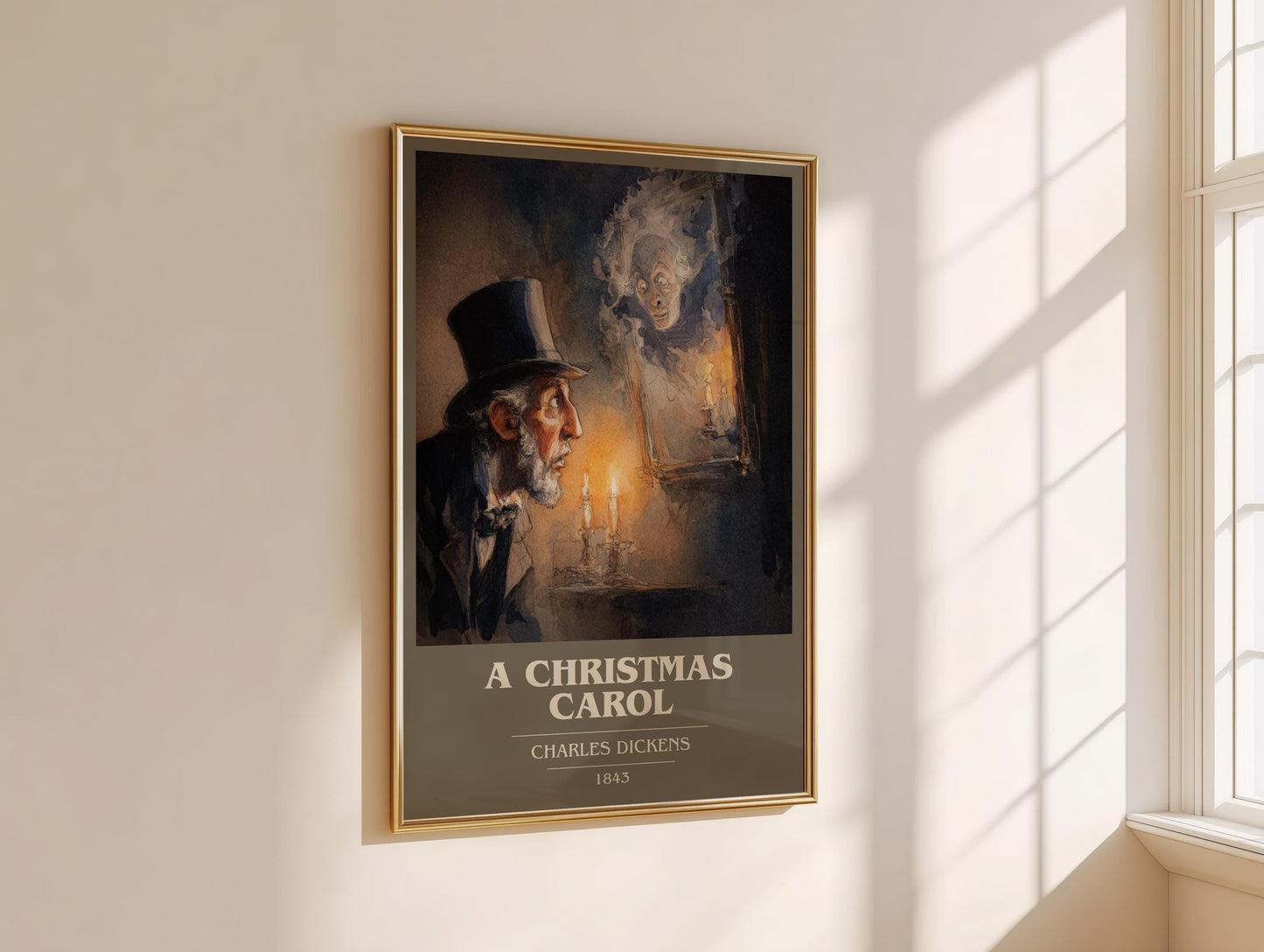 A Christmas Carol book cover print framed by window – literary home decor