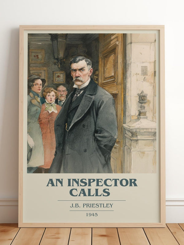 An Inspector Calls book cover print in frame leaning in hallway – classic literature wall art