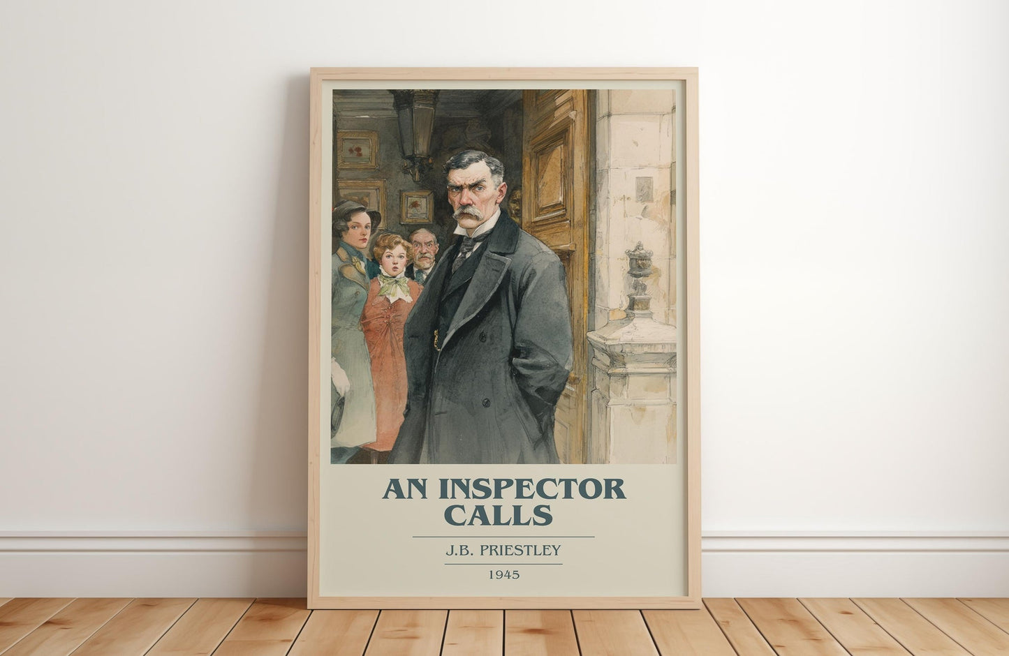 An Inspector Calls book cover print in frame leaning in hallway – classic literature wall art