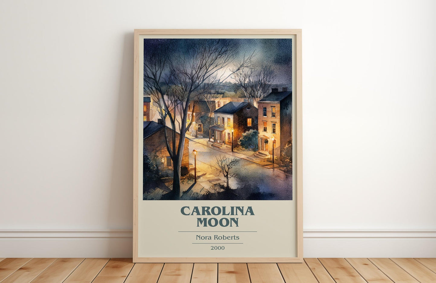 Carolina Moon book cover print in frame leaning in hallway – romance wall art