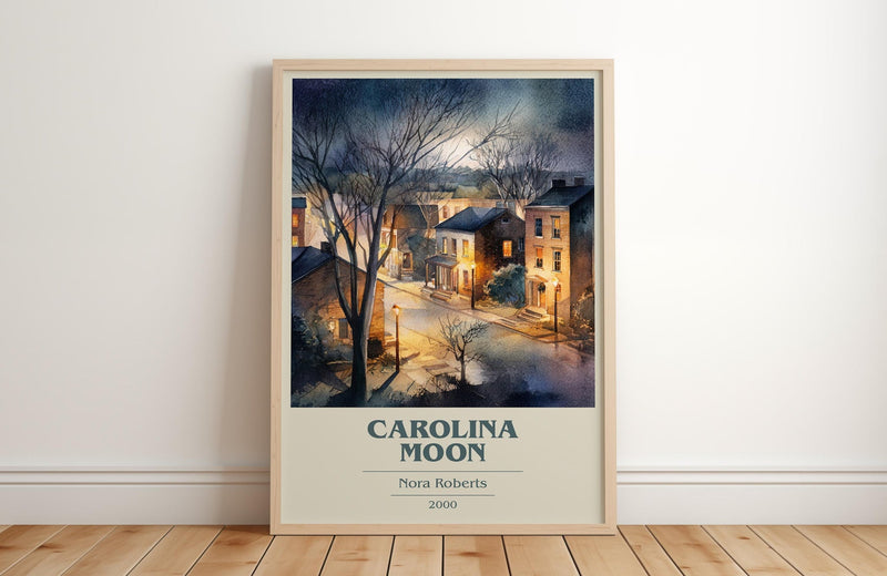 Carolina Moon book cover print in frame leaning in hallway – romance wall art