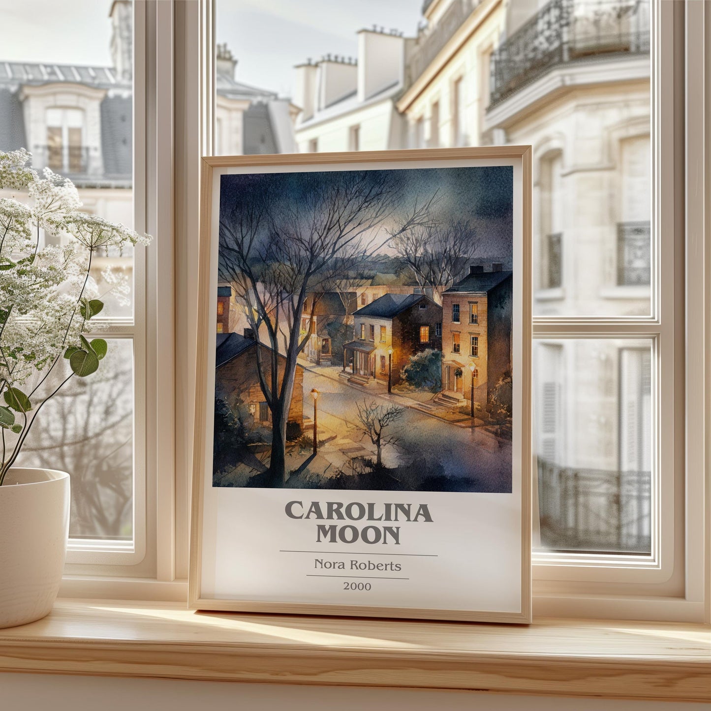 Carolina Moon book cover print framed by window – literary home decor