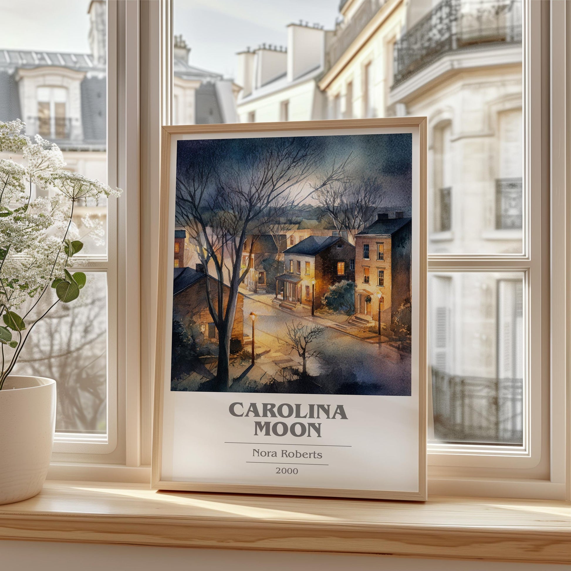 Carolina Moon book cover print framed by window – literary home decor