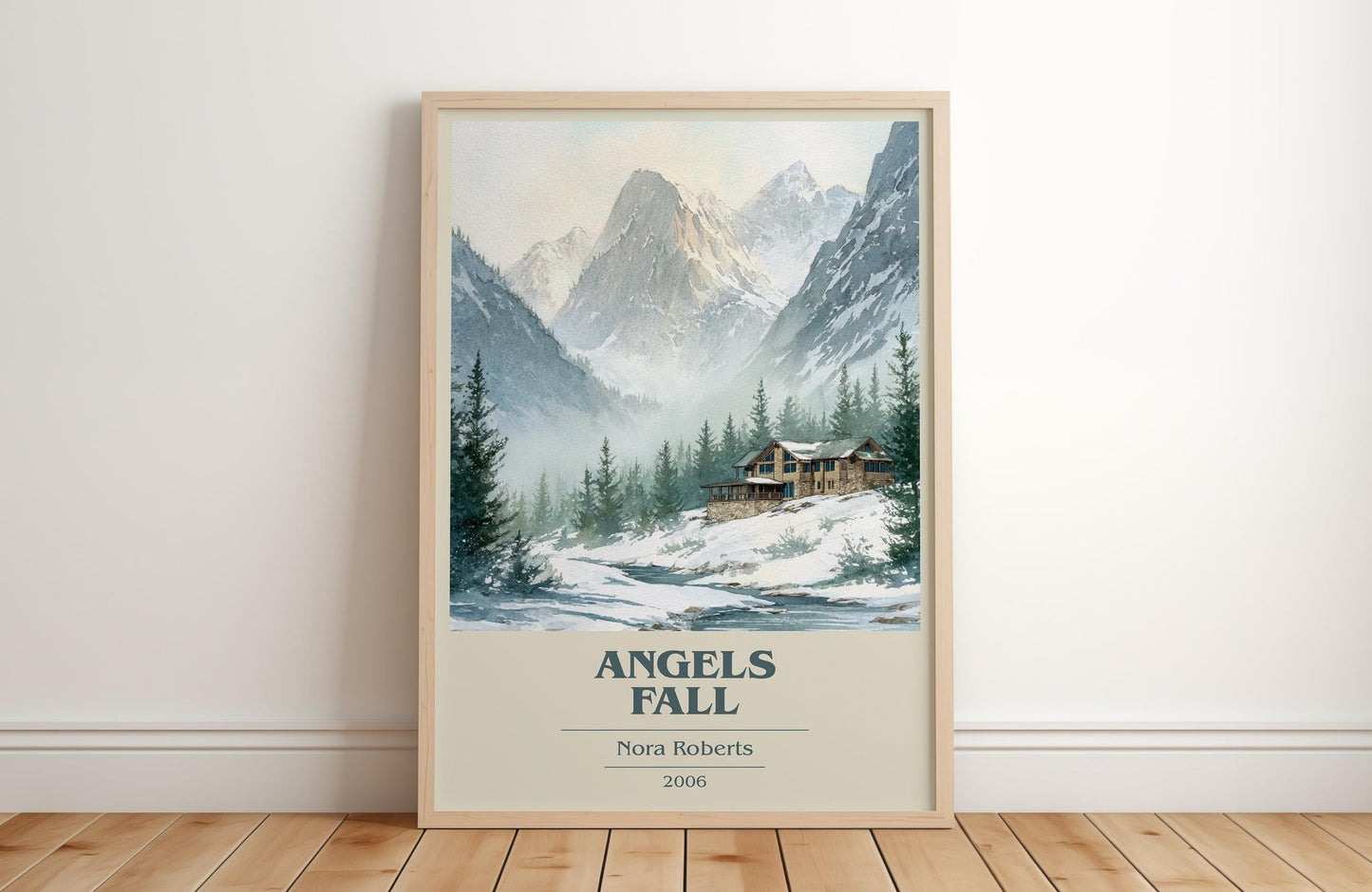 Angels Fall book cover print in frame leaning in hallway – romance wall art