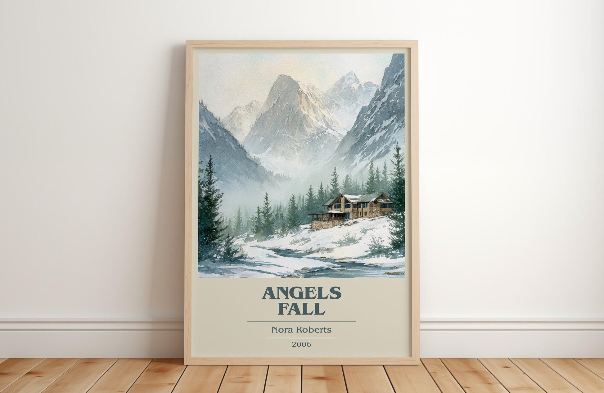 Angels Fall book cover print in frame leaning in hallway – romance wall art