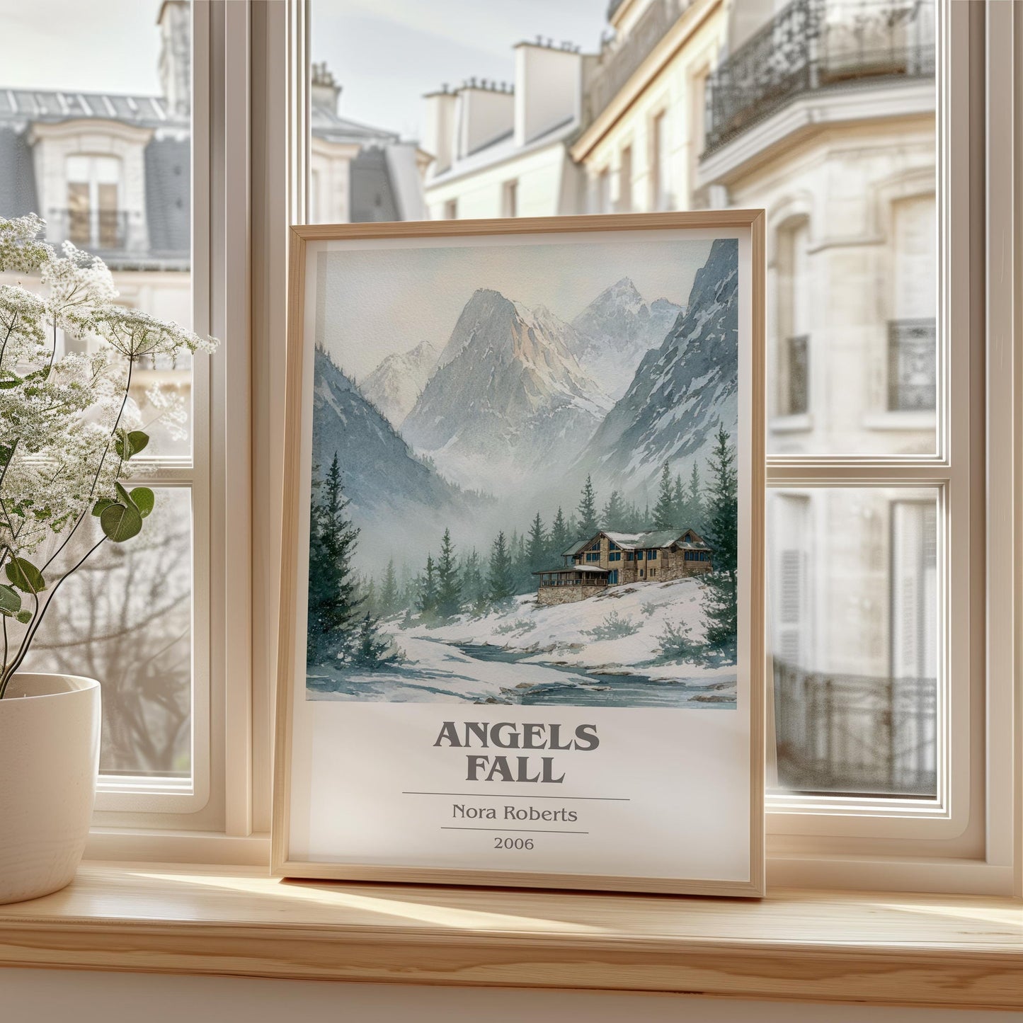 Angels Fall book cover print framed by window – literary home decor
