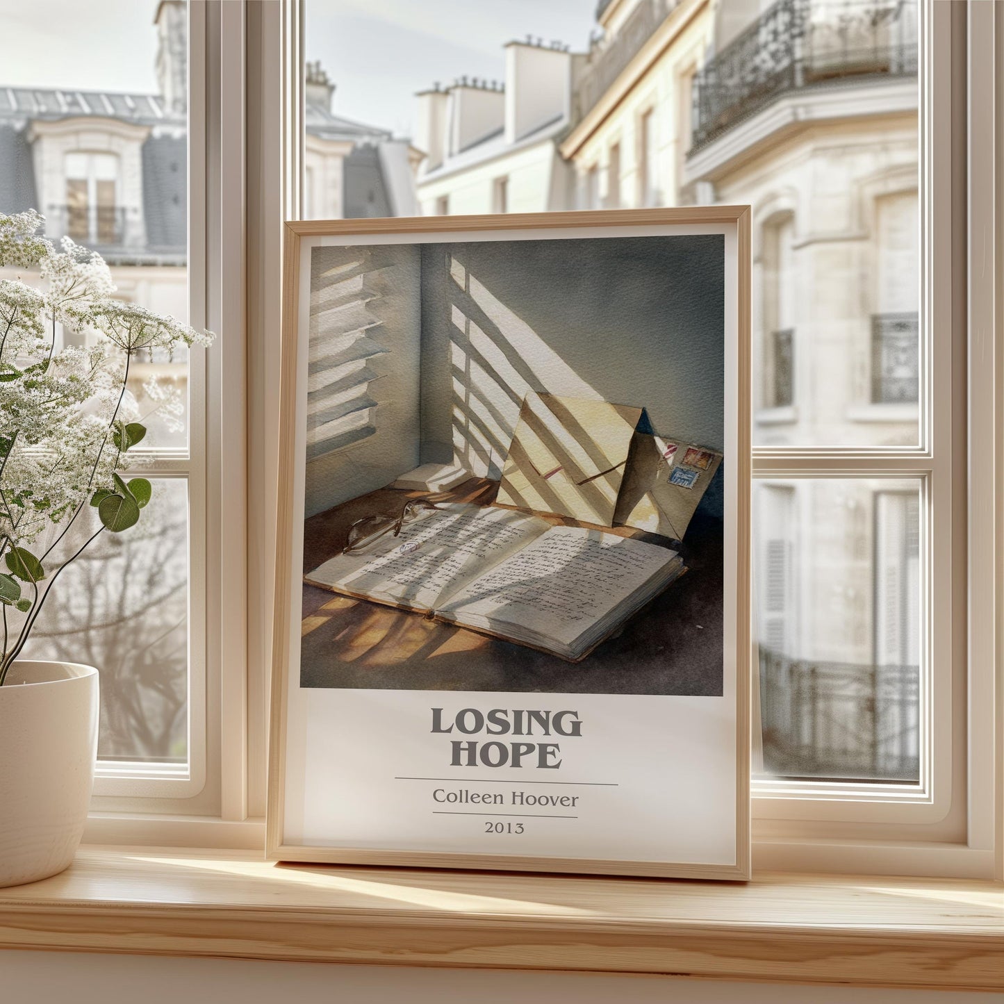 Losing Hope book cover print framed by window – literary home decor