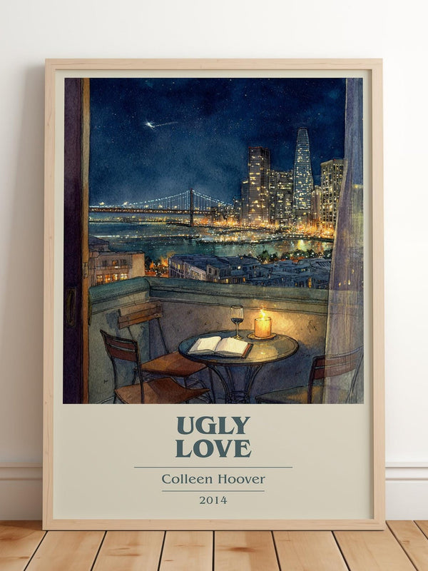 Ugly Love book cover print in frame leaning in hallway – romance wall art