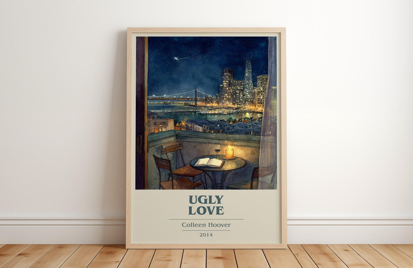 Ugly Love book cover print in frame leaning in hallway – romance wall art