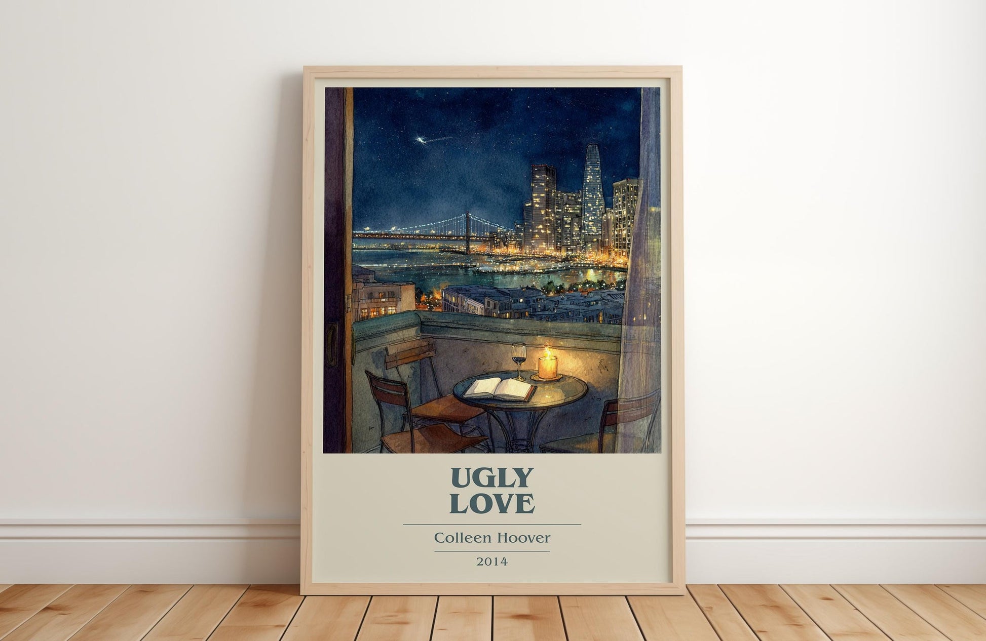 Ugly Love book cover print in frame leaning in hallway – romance wall art