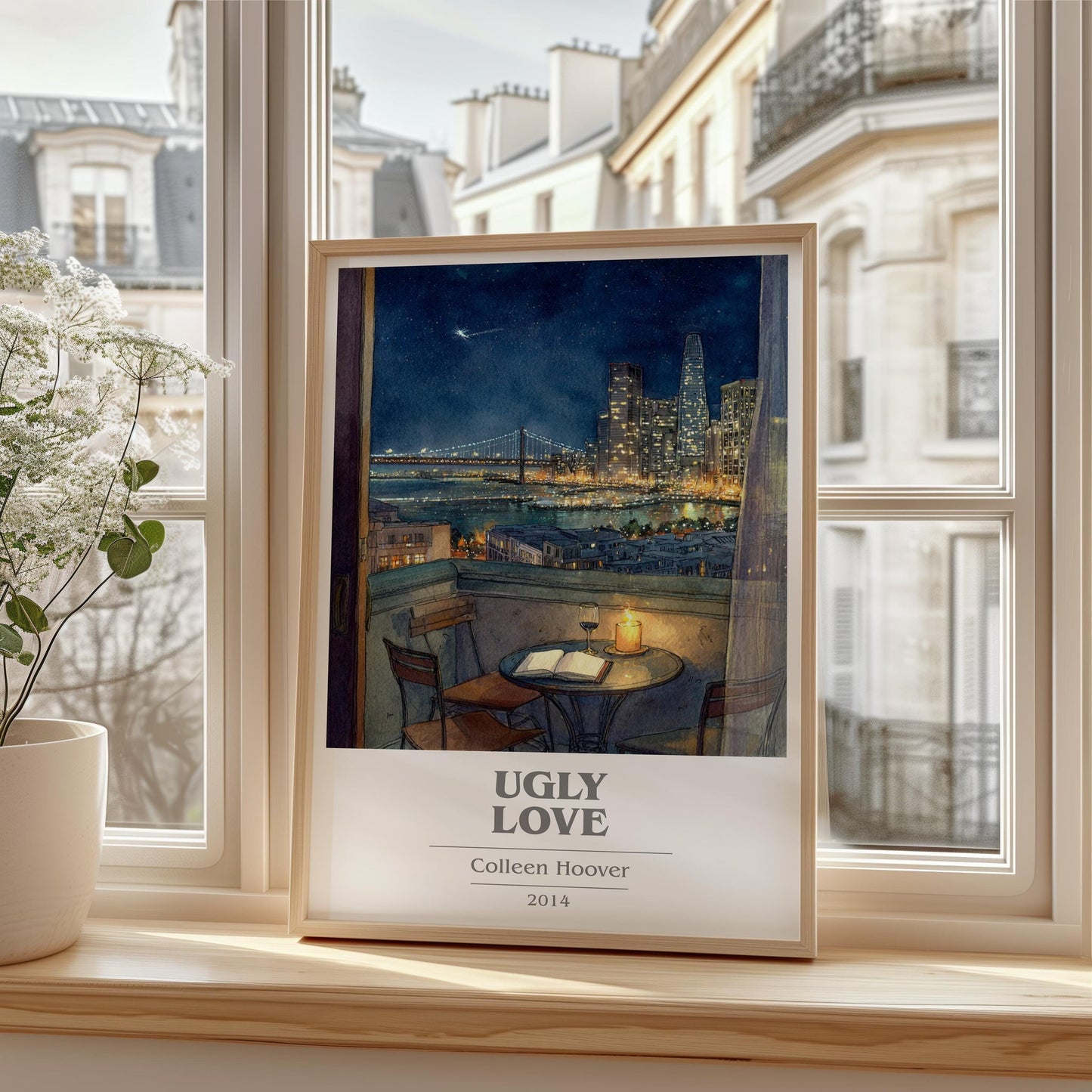 Ugly Love book cover print framed by window – literary home decor