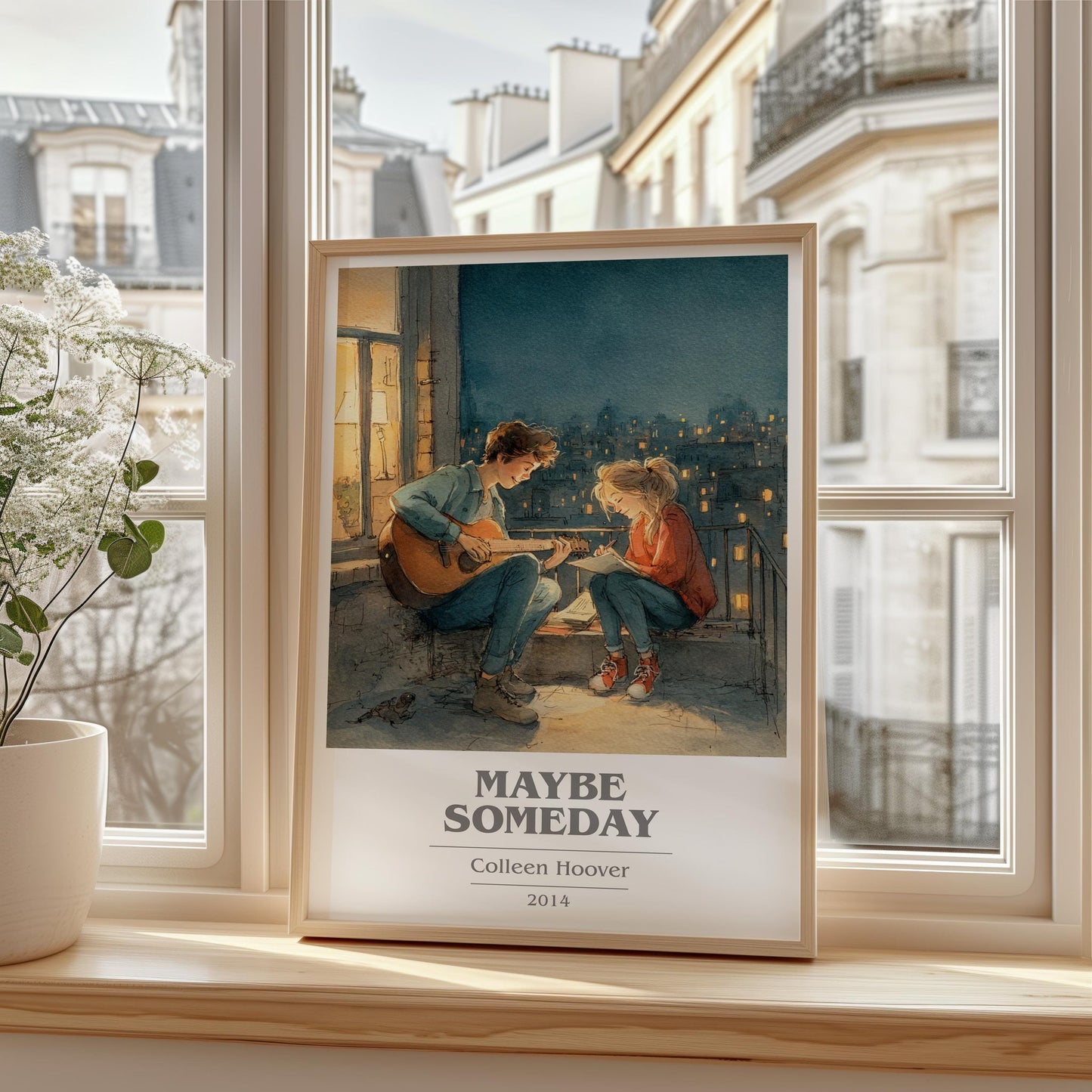 Maybe Someday book cover print framed by window – literary home decor