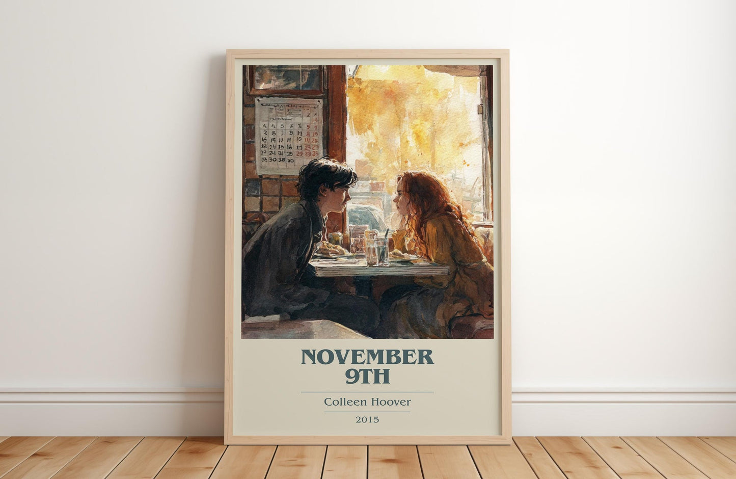 November 9 book cover print in frame leaning in hallway – romance wall art