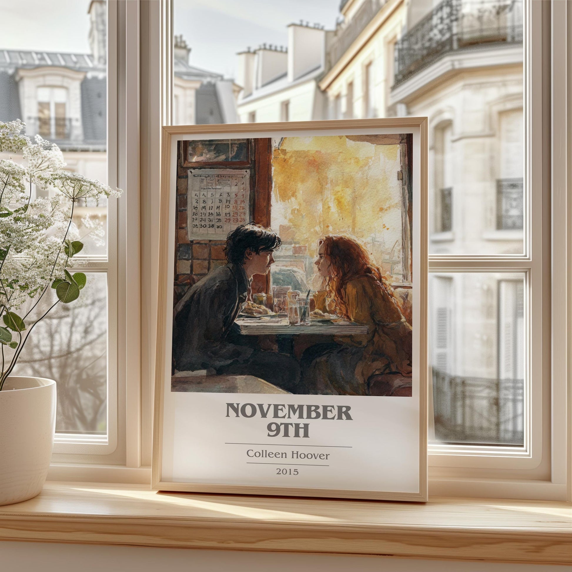November 9 book cover print framed by window – literary home decor