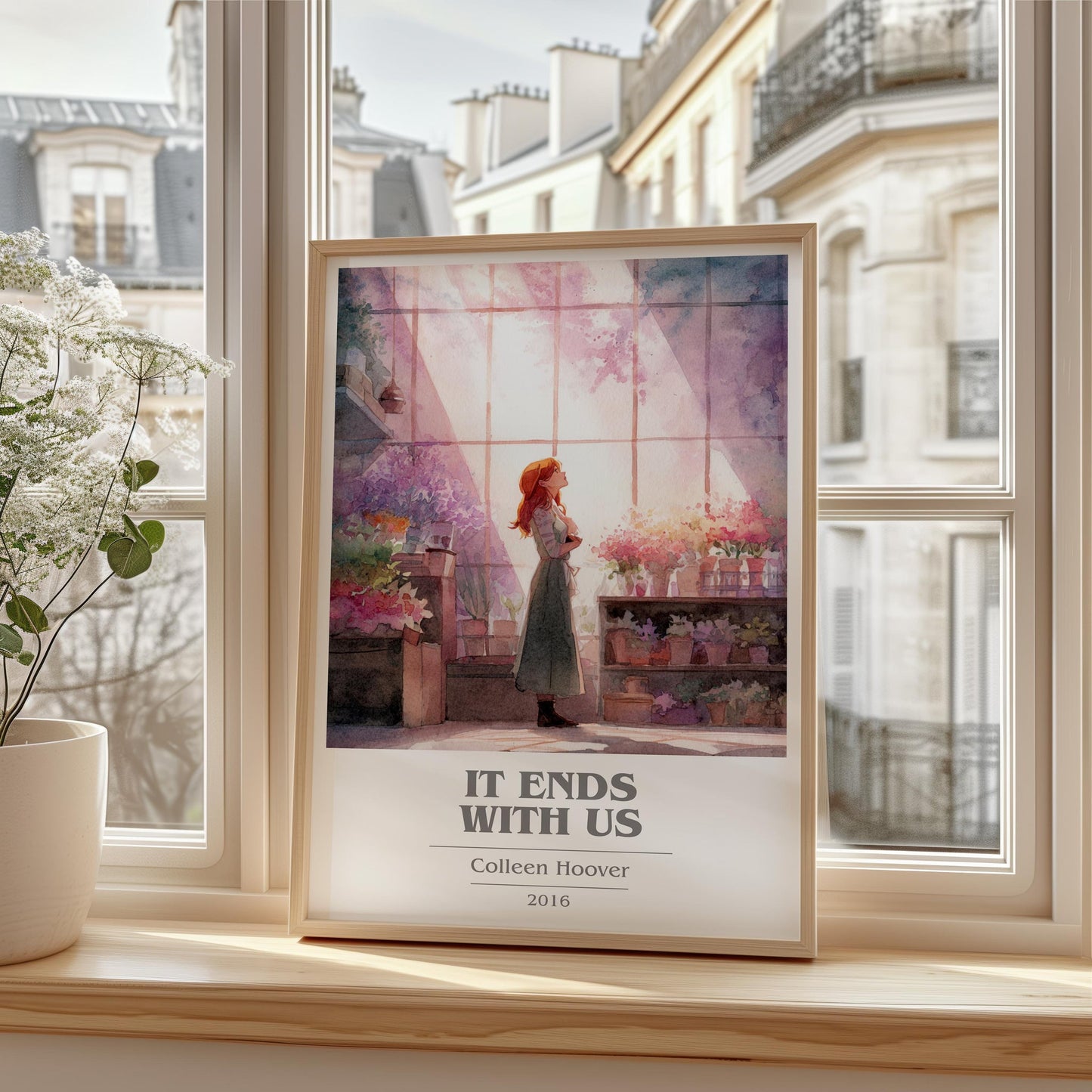 It Ends with Us book cover print framed by window – literary home decor