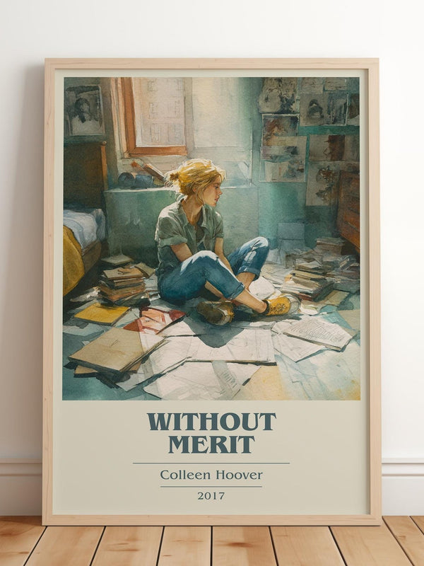 Without Merit book cover print in frame leaning in hallway – contemporary fiction wall art