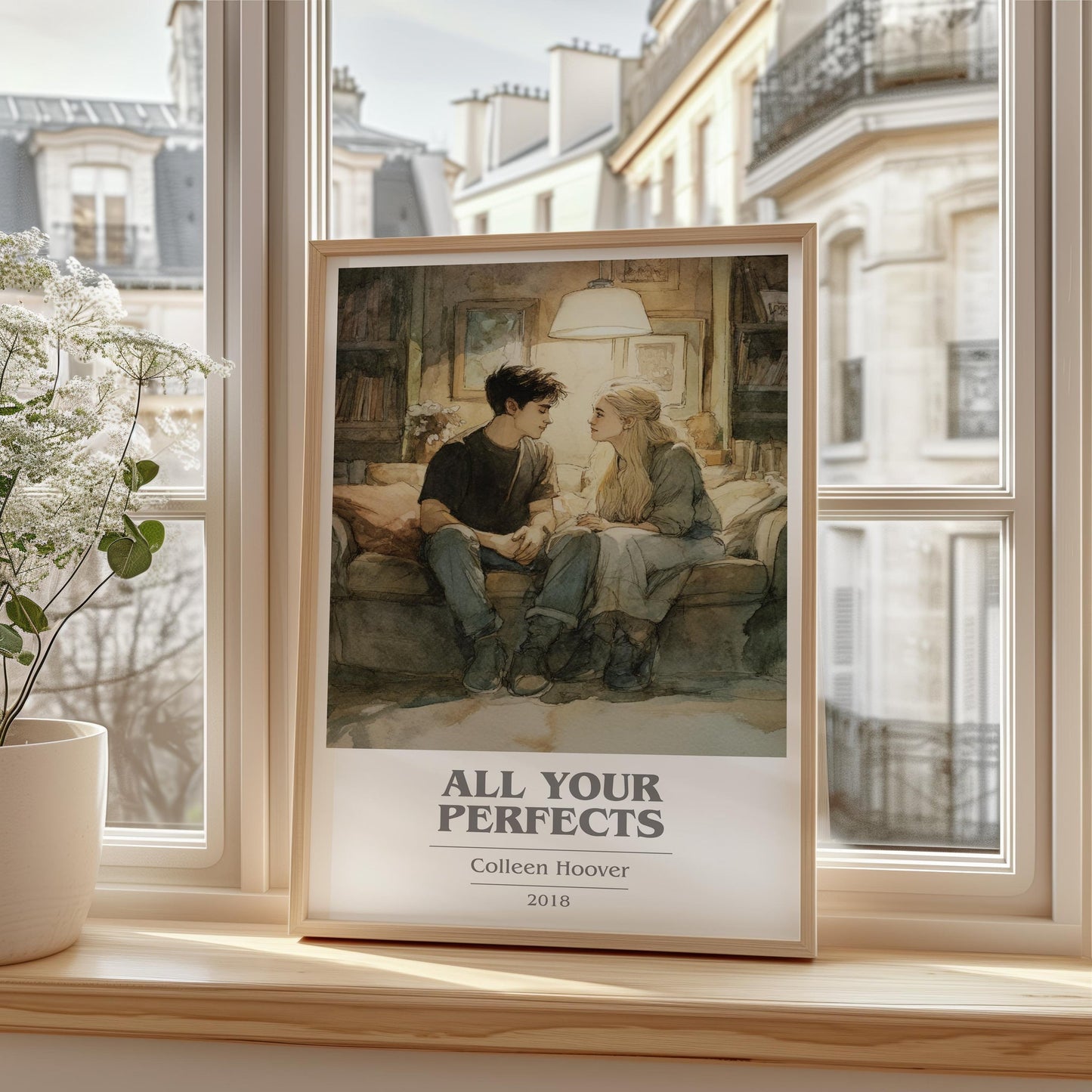 All Your Perfects book cover print framed by window – literary home decor