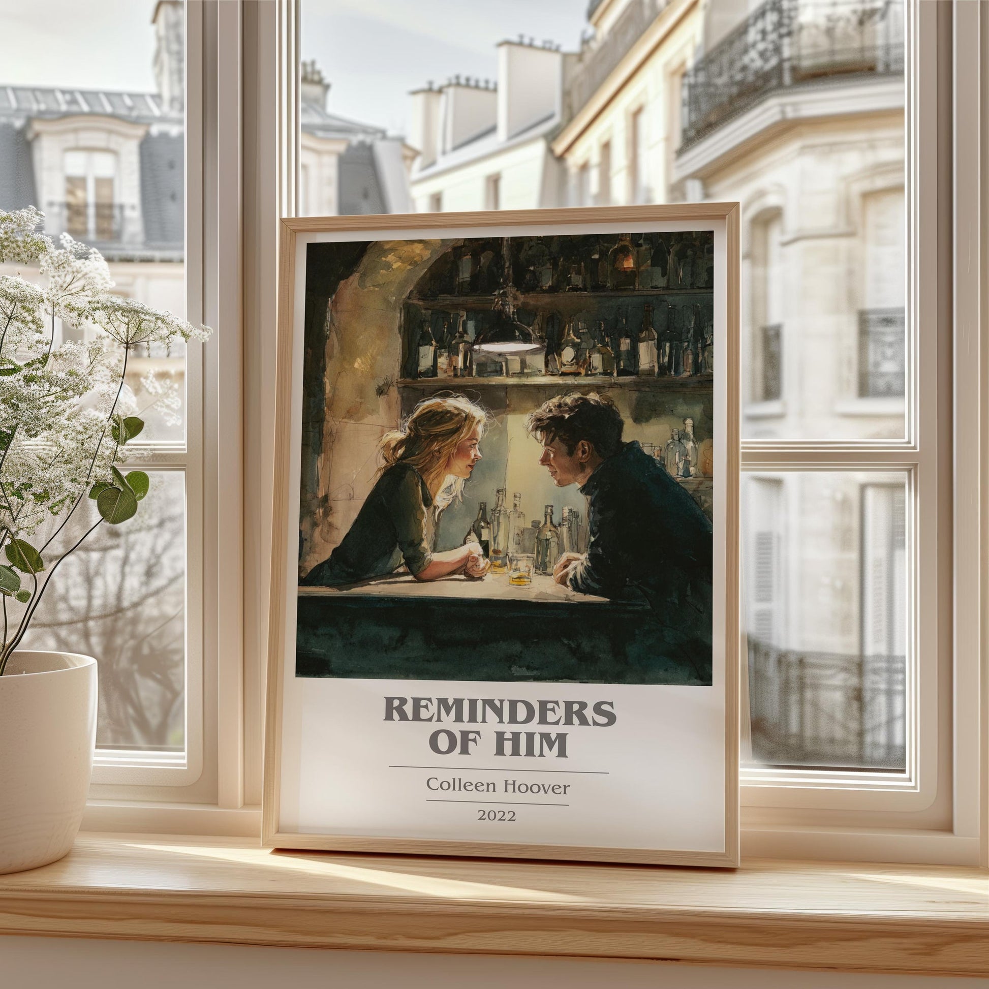 Reminders of Him book cover print framed by window – literary home decor