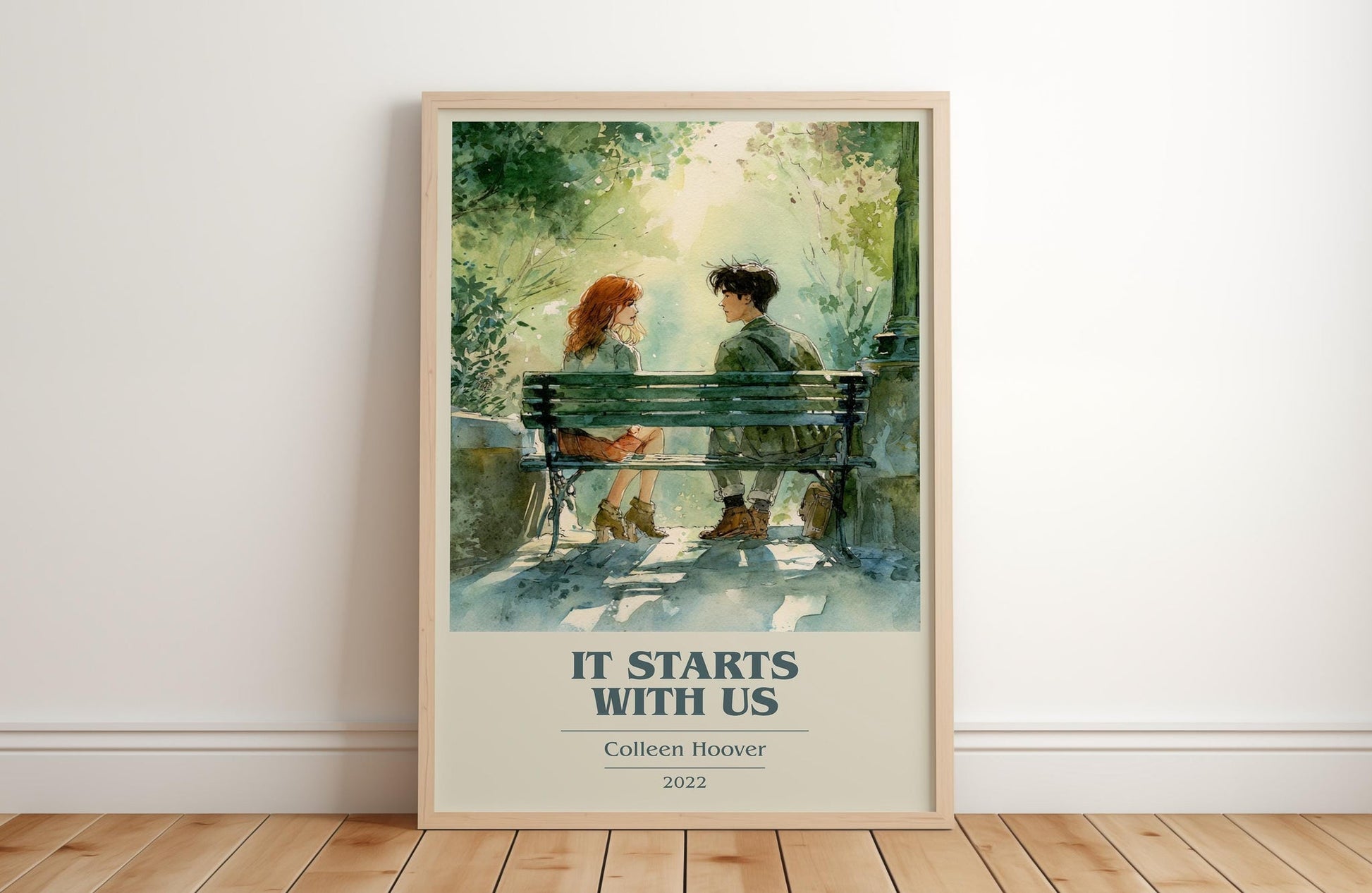 It Starts With Us book cover print in frame leaning in hallway – romance wall art