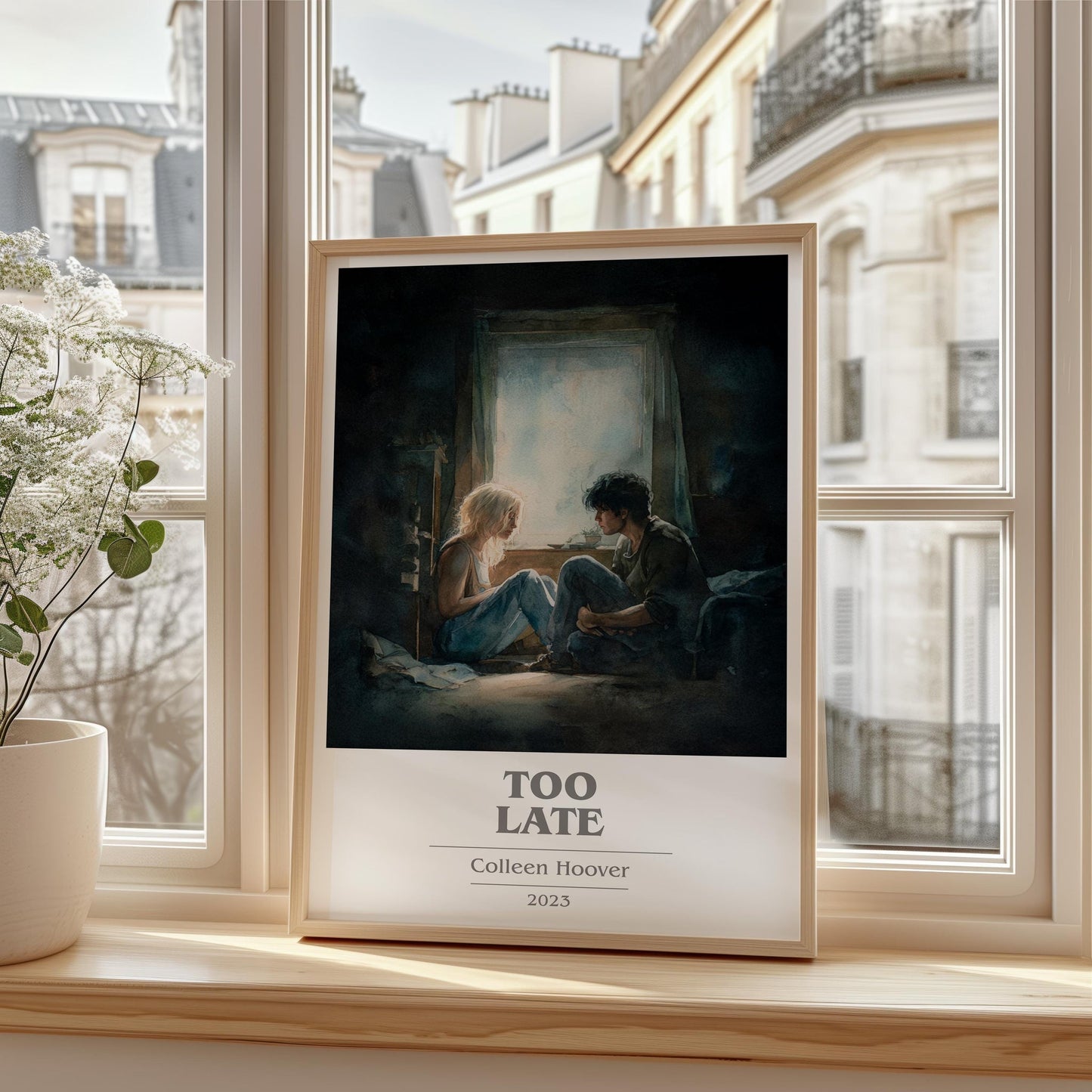 Too late book cover print framed by window – literary home decor