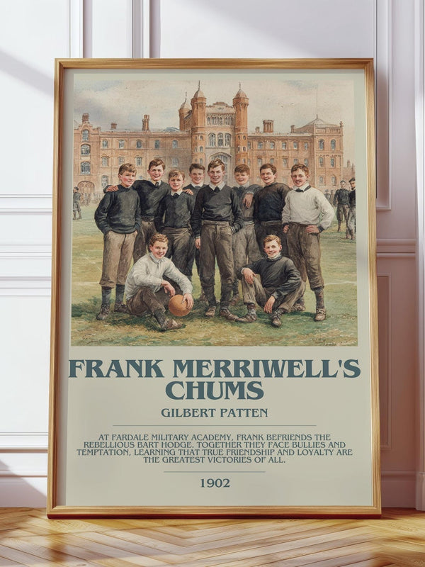 Frank Merriwell's Chums bookish print in frame leaning in hallway – adventure wall art