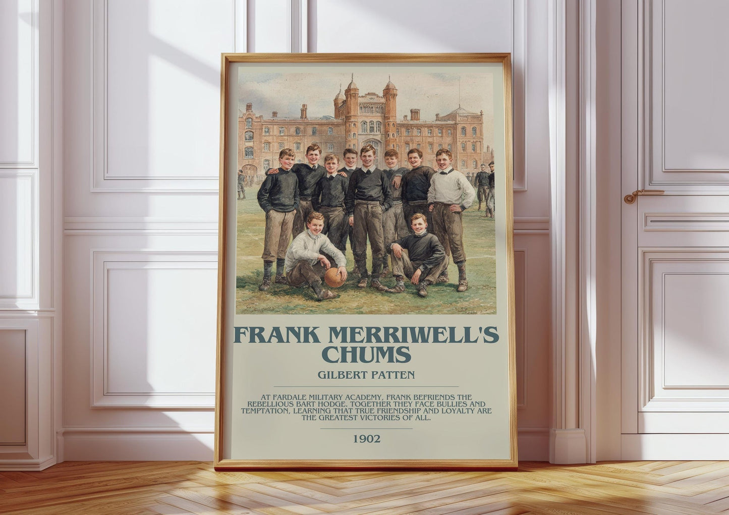 Frank Merriwell's Chums bookish print in frame leaning in hallway – adventure wall art