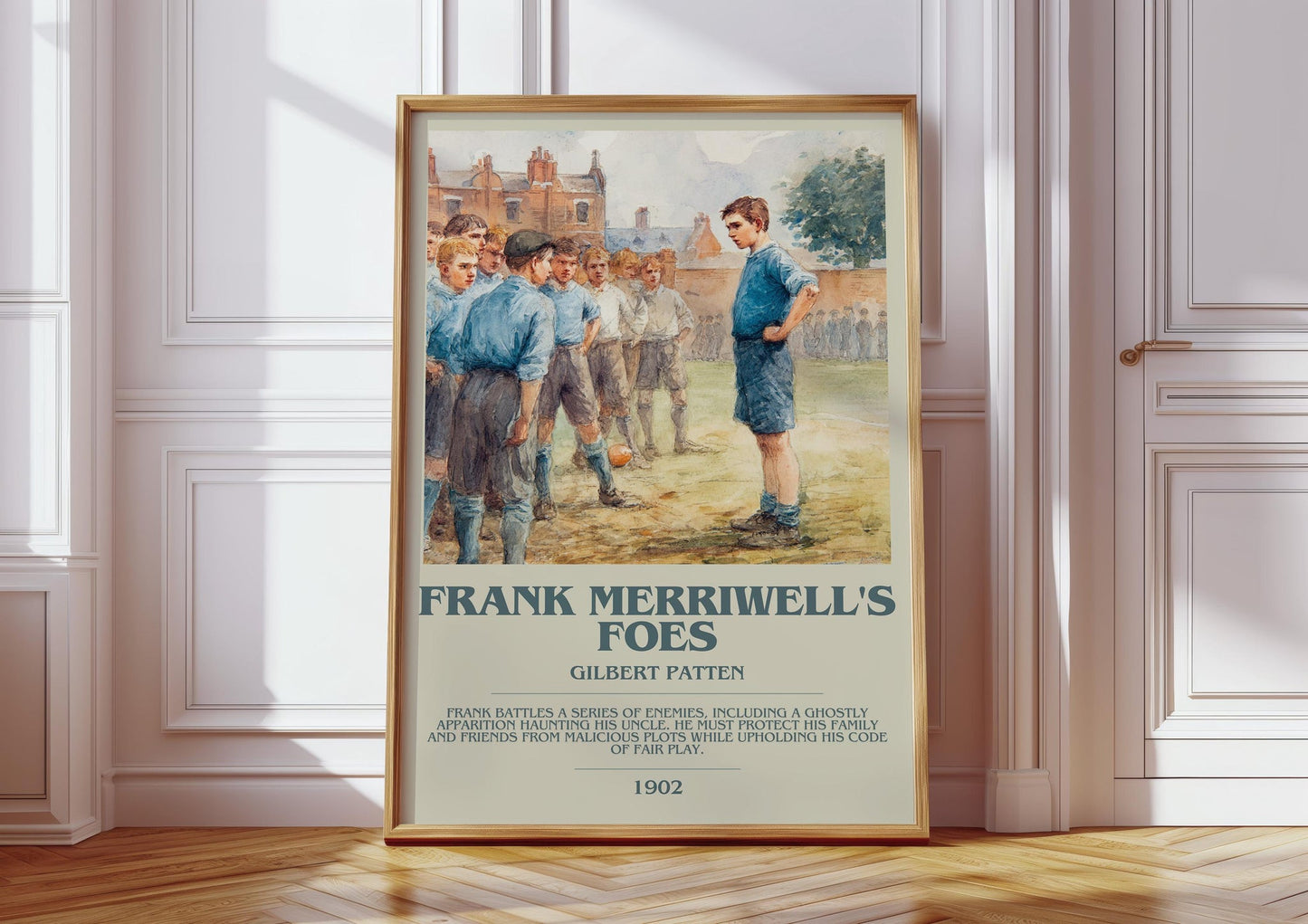 Frank Merriwell's Foes bookish print in frame leaning in hallway – adventure wall art