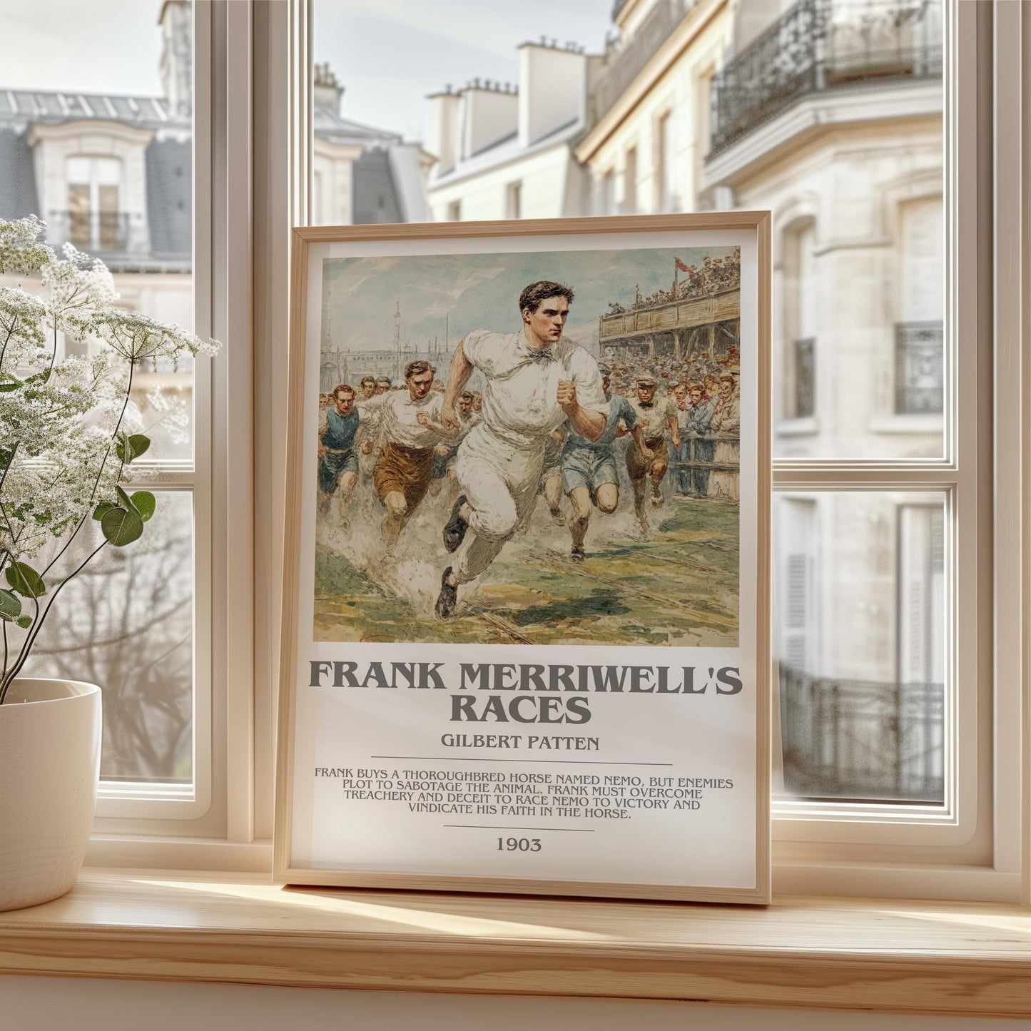 Frank Merriwell's Races bookish print framed by window – literary home decor