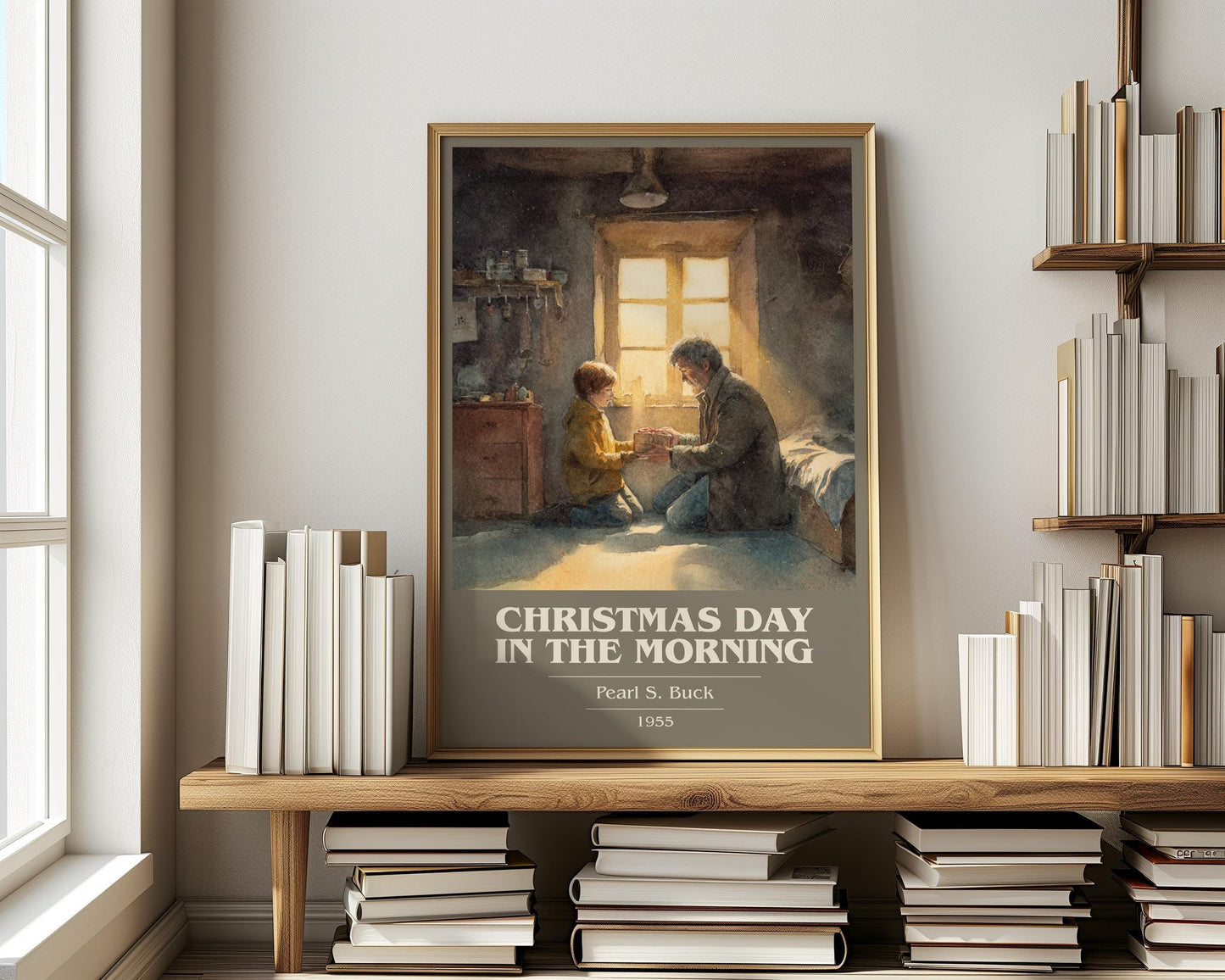 Christmas Day in the Morning book cover print on bookshelf – Pearl S. Buck fan gift