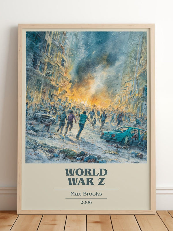 World War Z book cover print in frame leaning in hallway – horror wall art