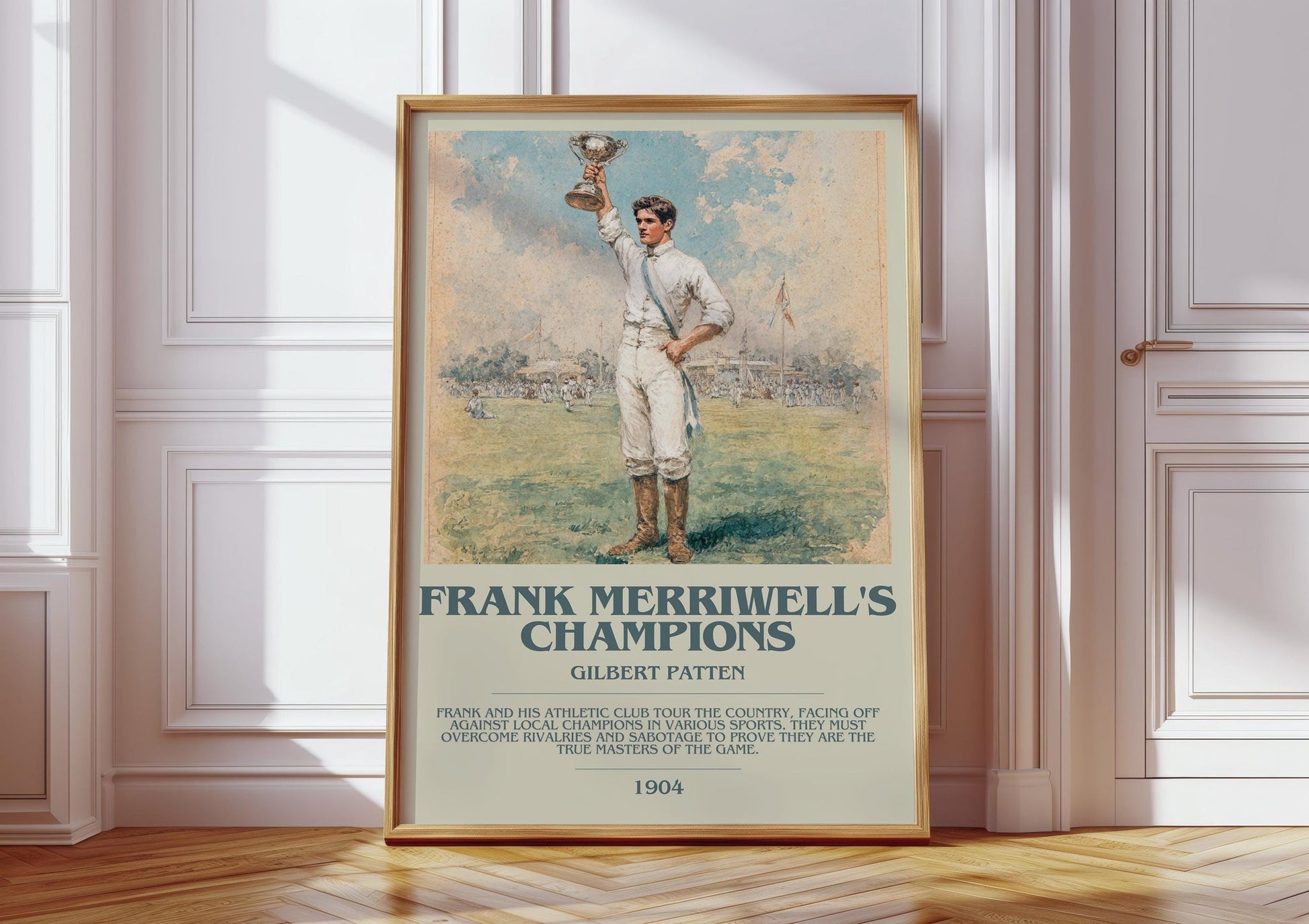 Frank Merriwell's Champions bookish print in frame leaning in hallway – adventure wall art