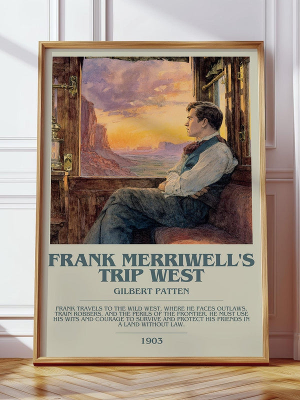Frank Merriwell's Trip West bookish print in frame leaning in hallway – romance wall art