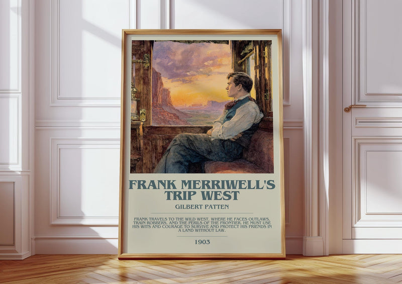 Frank Merriwell's Trip West bookish print in frame leaning in hallway – romance wall art