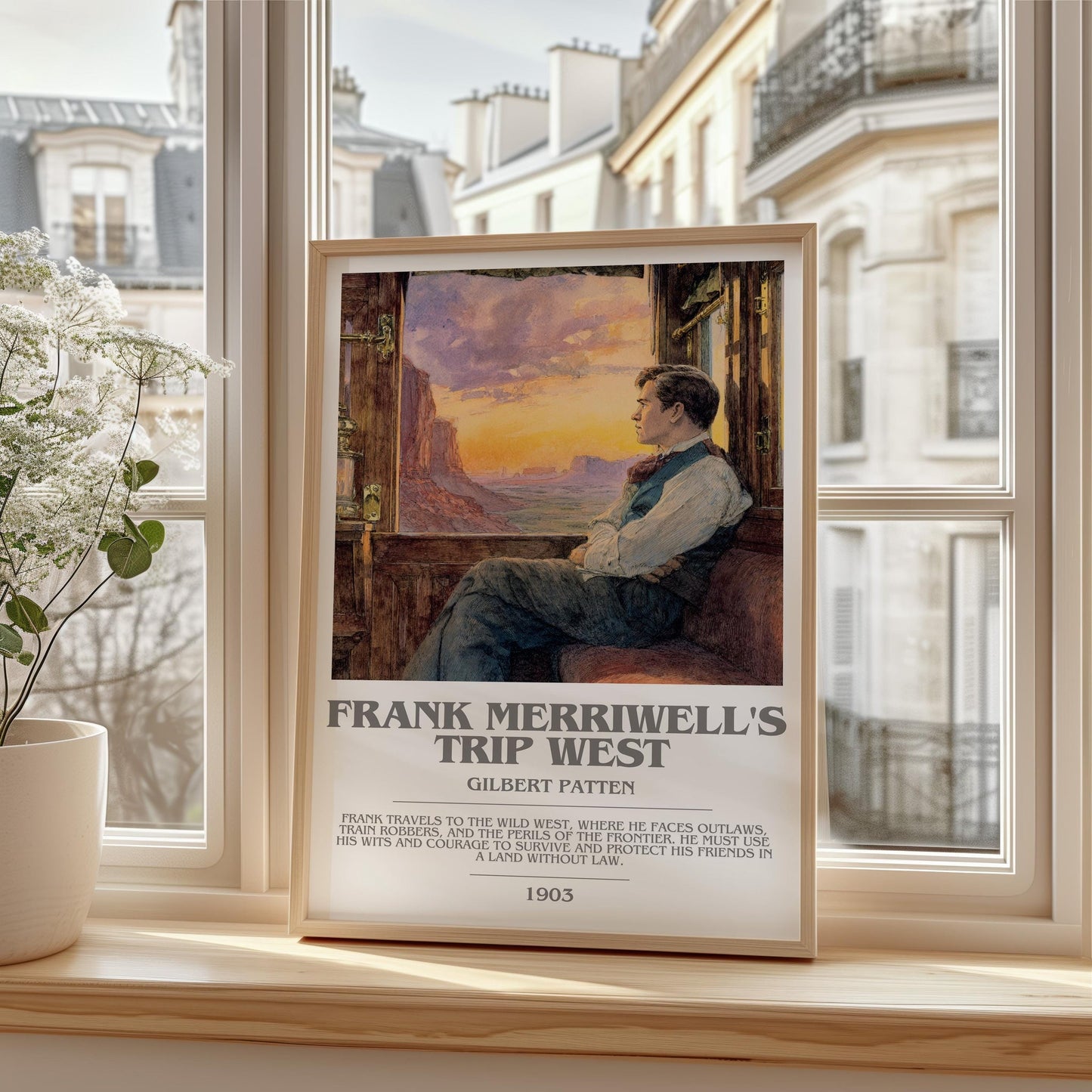 Frank Merriwell's Trip West bookish print framed by window – literary home decor