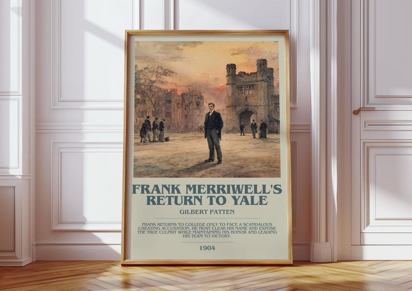 Frank Merriwell's Return To Yale bookish print in frame leaning in hallway – adventure wall art