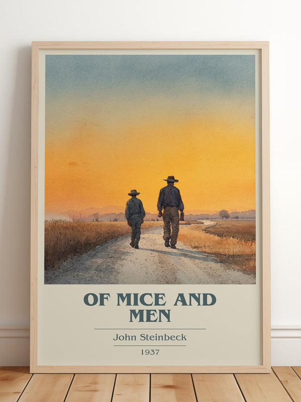 Of Mice and Men book cover print in frame leaning in hallway – historical fiction wall art