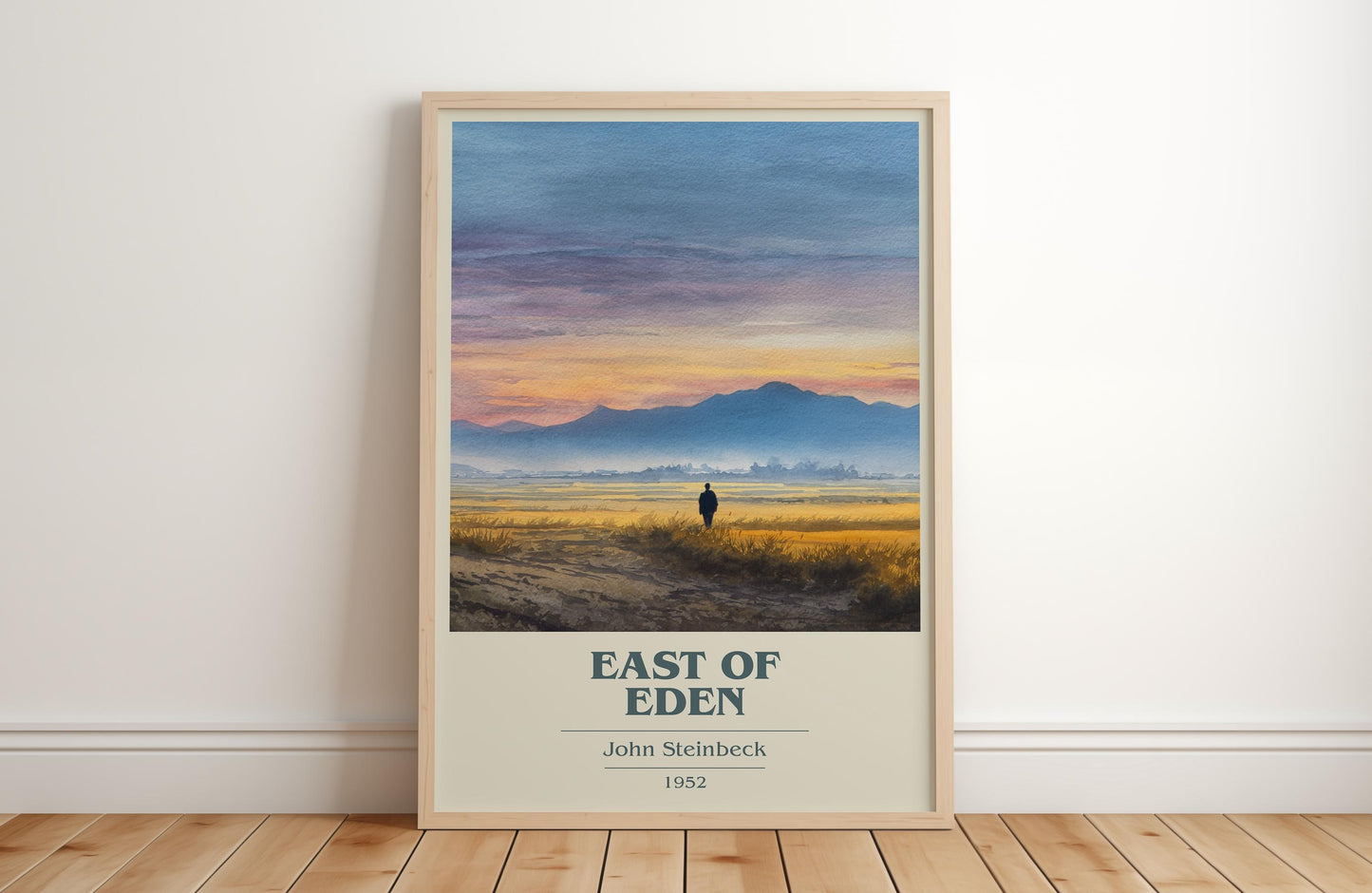 East of Eden book cover print in frame leaning in hallway – classic literature wall art
