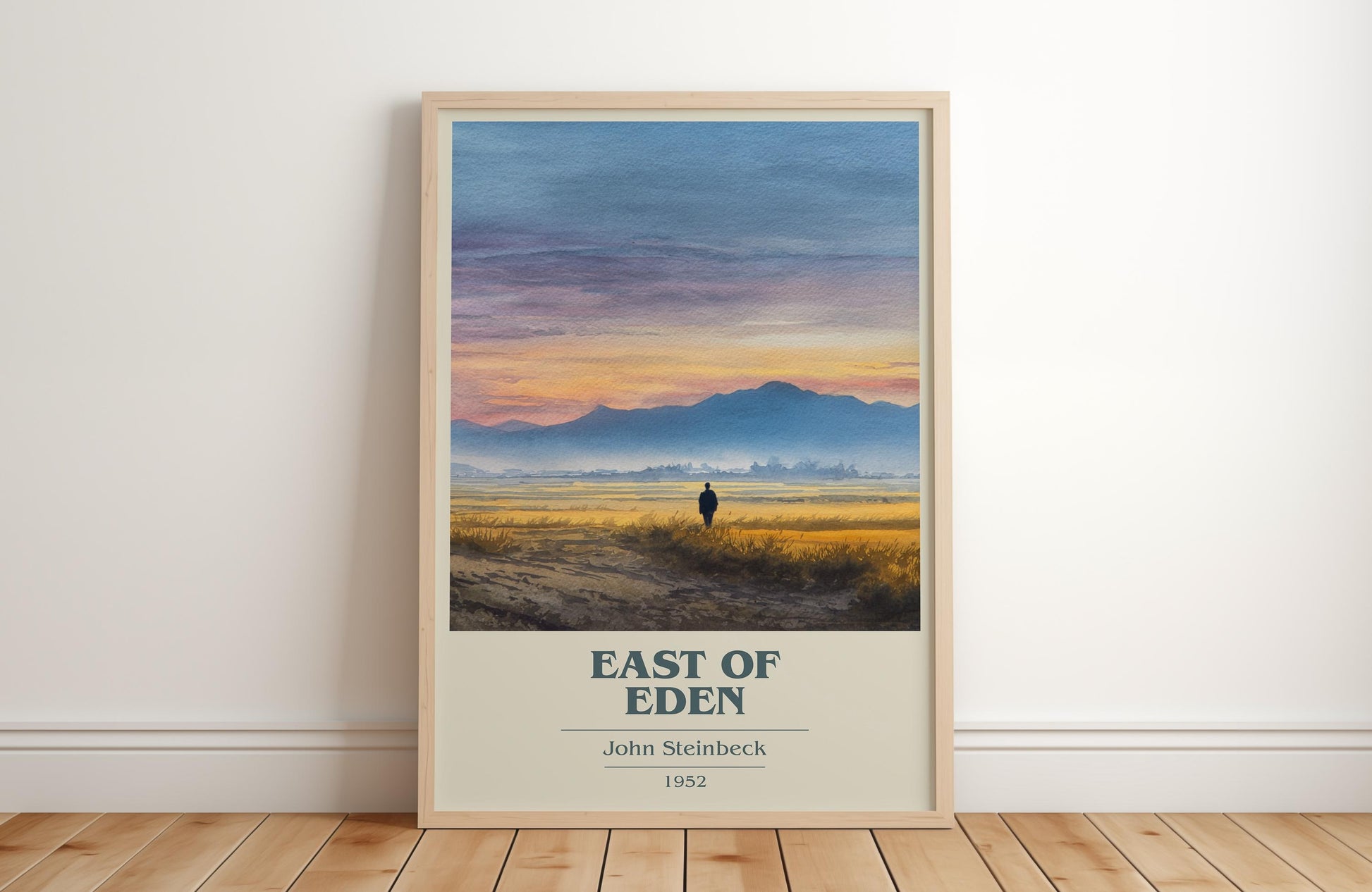 East of Eden book cover print in frame leaning in hallway – classic literature wall art