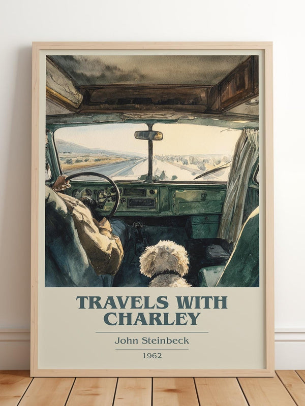 Travels with Charley book cover print in frame leaning in hallway – historical fiction wall art