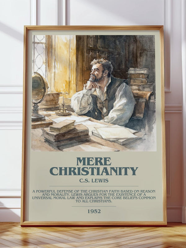 Mere Christianity bookish print in frame leaning in hallway – historical fiction wall art