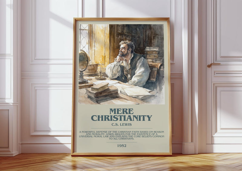 Mere Christianity bookish print in frame leaning in hallway – historical fiction wall art