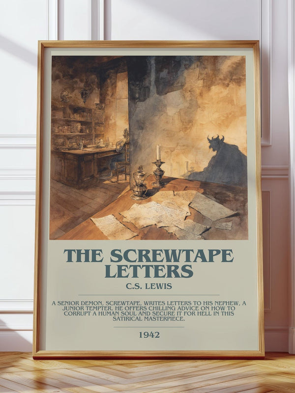 The Screwtape Letters bookish print in frame leaning in hallway – non fiction wall art