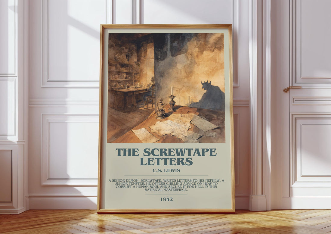 The Screwtape Letters bookish print in frame leaning in hallway – non fiction wall art (mockup)