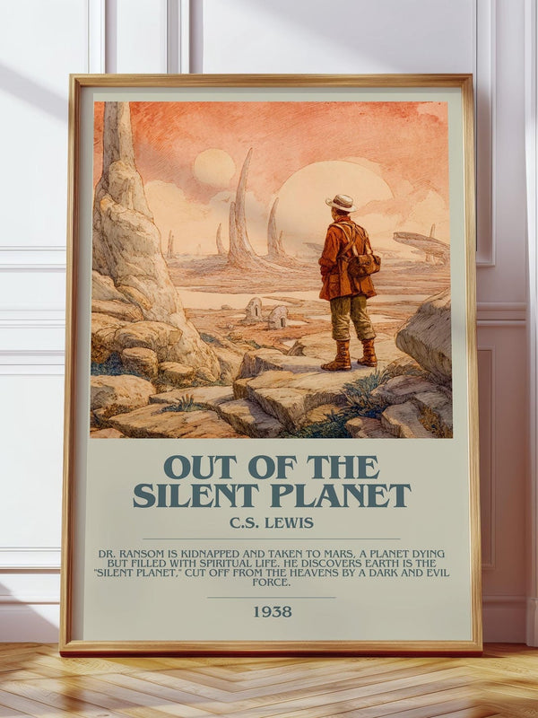 Out of the Silent Planet bookish print in frame leaning in hallway – satire wall art