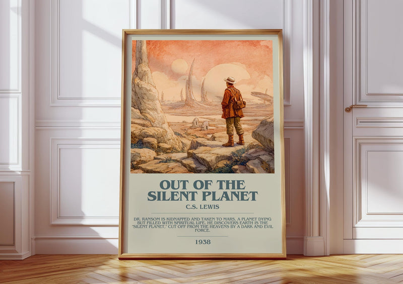 Out of the Silent Planet bookish print in frame leaning in hallway – satire wall art