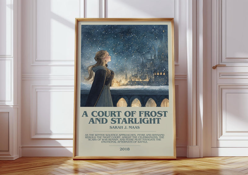 A Court of Frost and Starlight bookish print in frame leaning in hallway – fantasy wall art