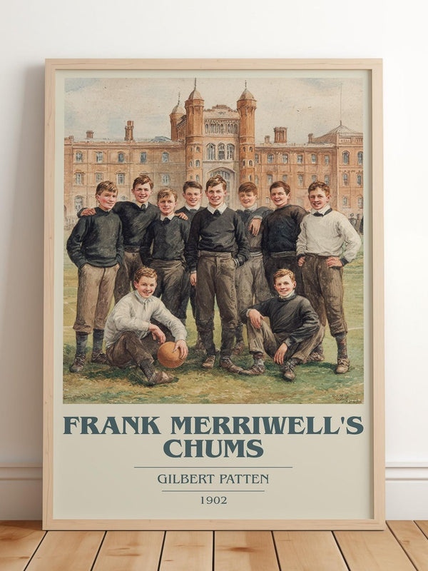 Frank Merriwell's Chums book cover print in frame leaning in hallway – adventure wall art